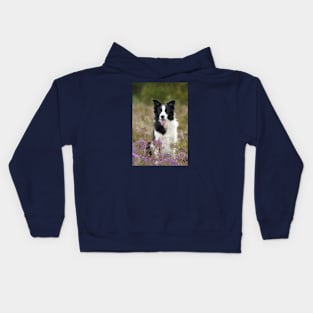 Border Collie Sitting in a Field of Flowers, Smiling With Tongue Out Kids Hoodie